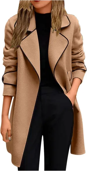 Womens Trench Coat Mid Length Trendy Open Front Knit Coats Winter Windbreaker Outerwear Classic Lapel Overcoat