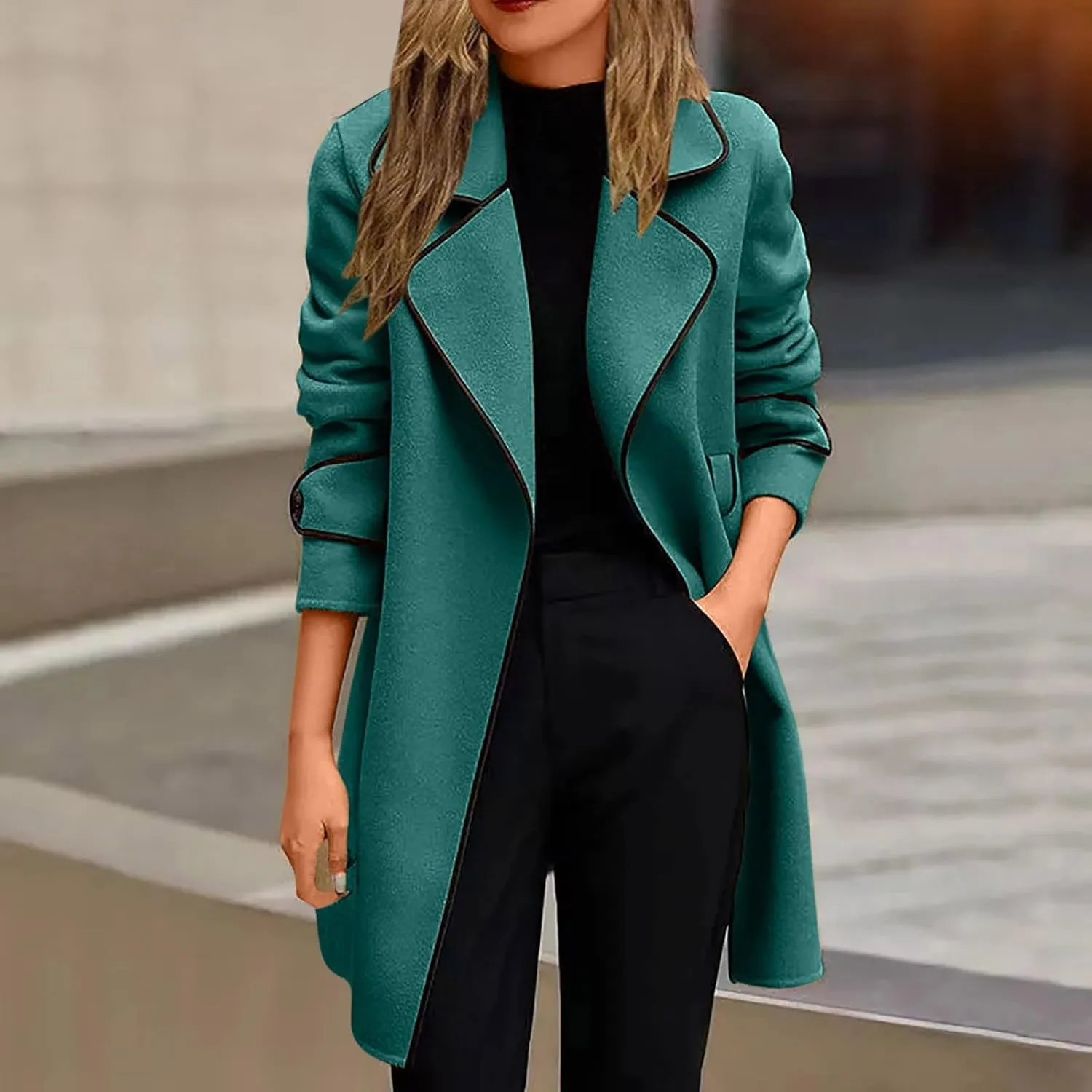 Womens Trench Coat Mid Length Trendy Open Front Knit Coats Winter Windbreaker Outerwear Classic Lapel Overcoat