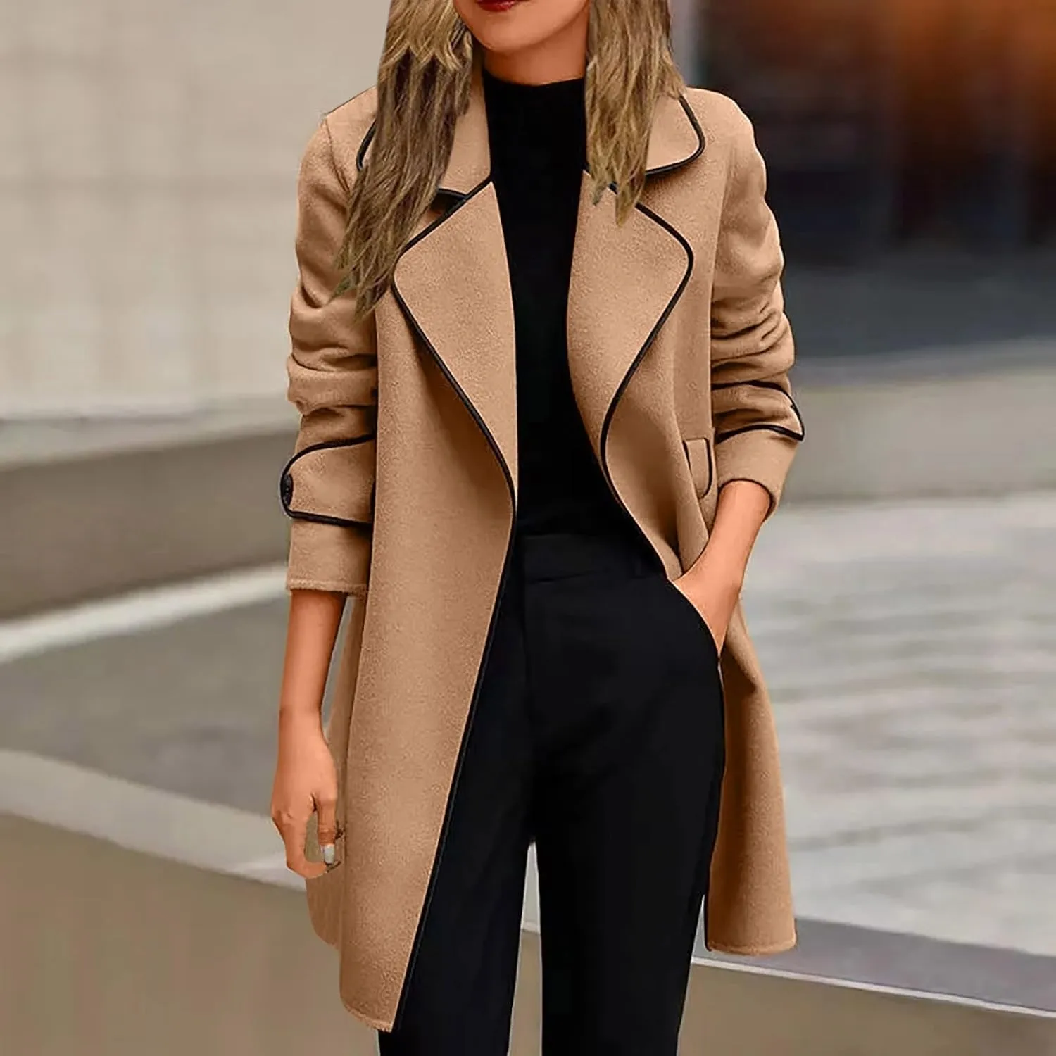 Womens Trench Coat Mid Length Trendy Open Front Knit Coats Winter Windbreaker Outerwear Classic Lapel Overcoat