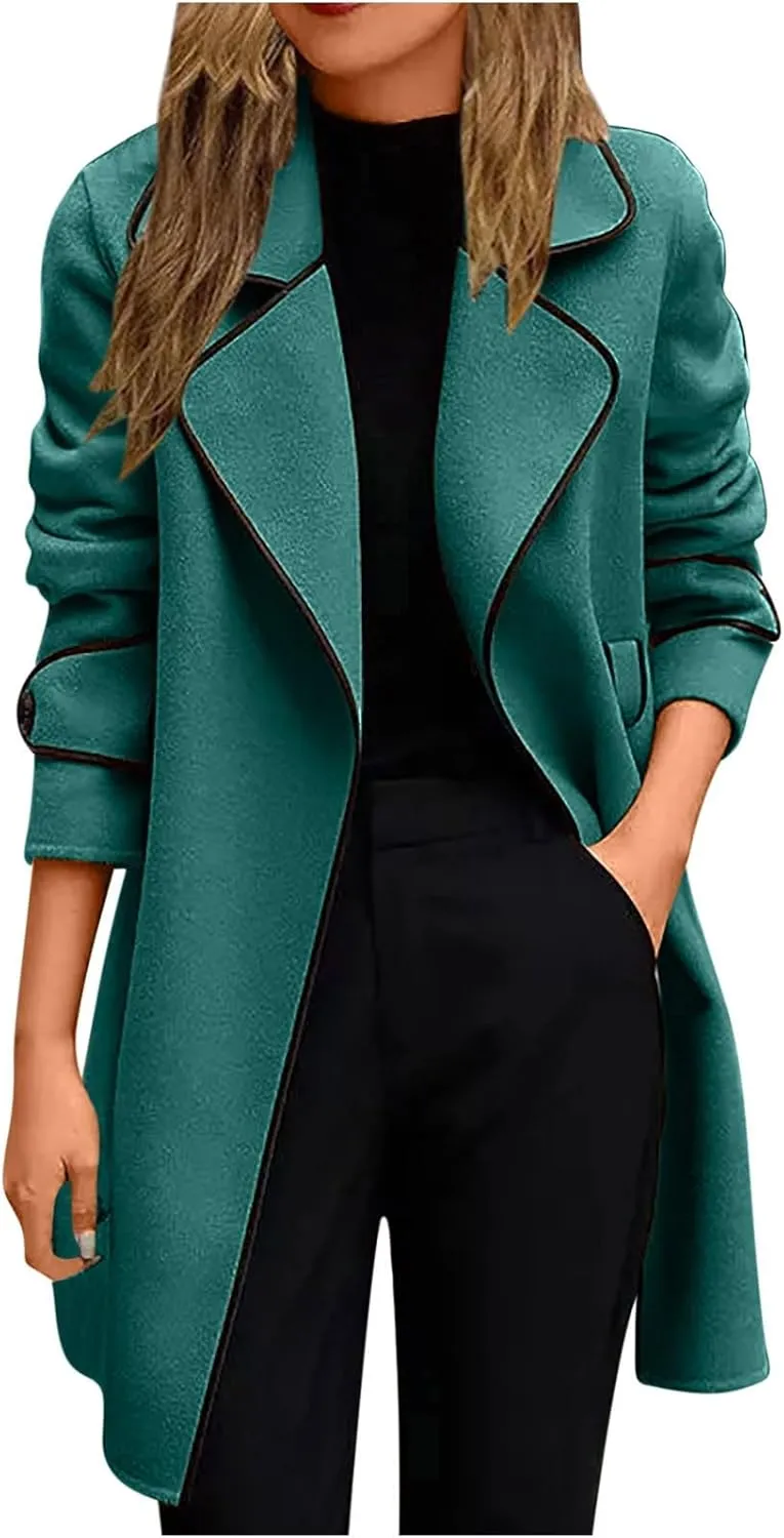 Womens Trench Coat Mid Length Trendy Open Front Knit Coats Winter Windbreaker Outerwear Classic Lapel Overcoat