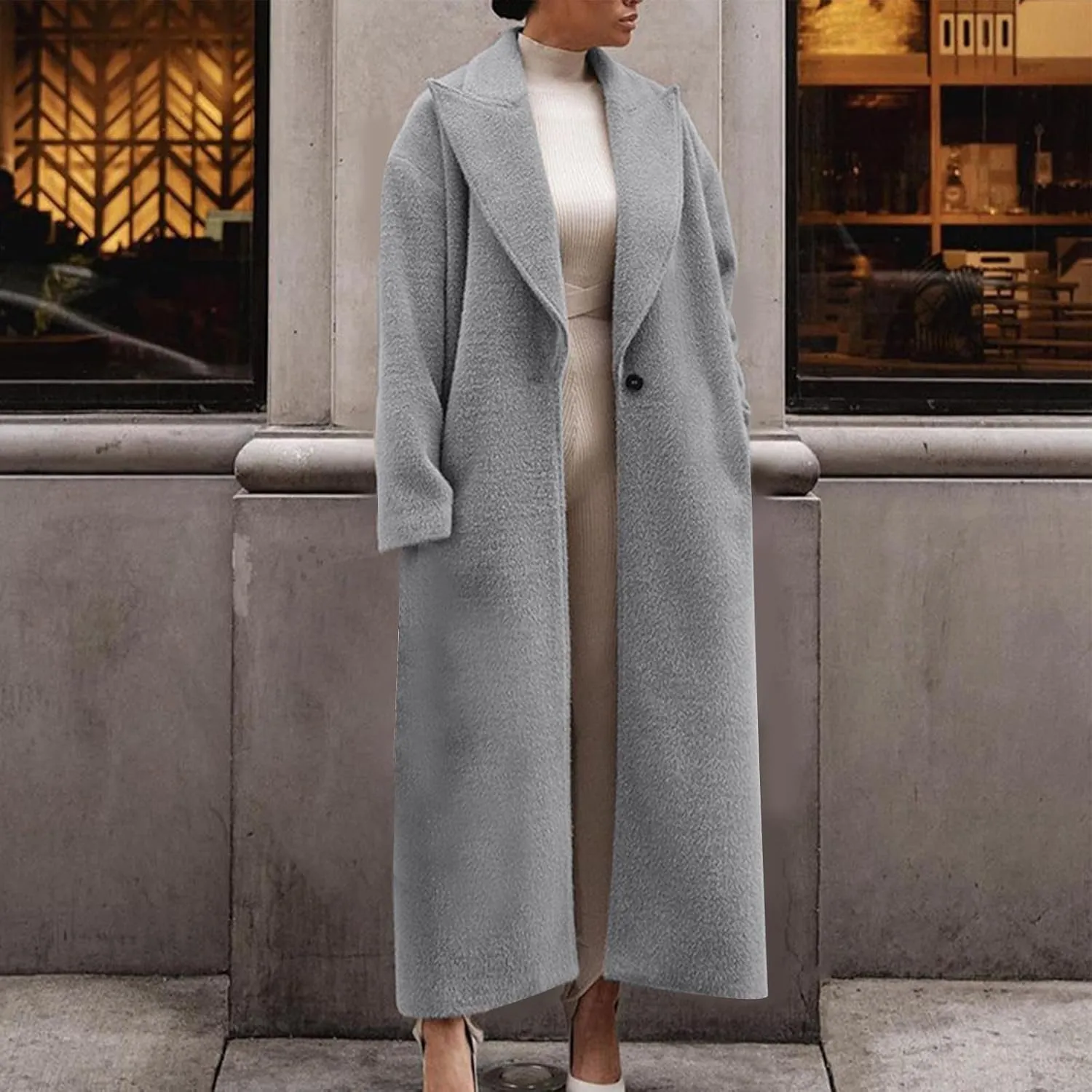 Womens Trench Coat Notched Lapel Double Breasted Wool Coat Winter Fashion Warm Pea Coats Elegant Casual Overcoat