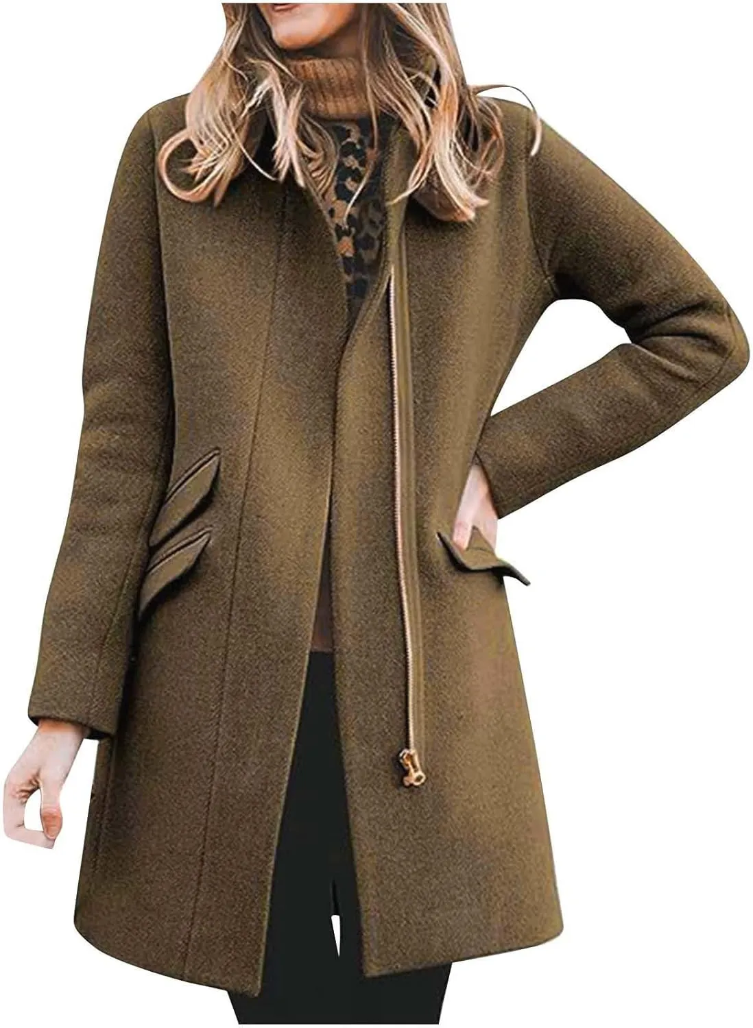 Womens Trench Coat Zip up Peacoat Wool Blend Long Coat Open Front Cardigan Casual Office Jacket Falll Winter Outfits