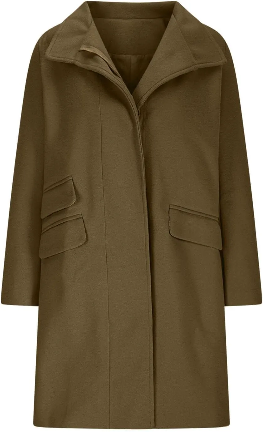 Womens Trench Coat Zip up Peacoat Wool Blend Long Coat Open Front Cardigan Casual Office Jacket Falll Winter Outfits