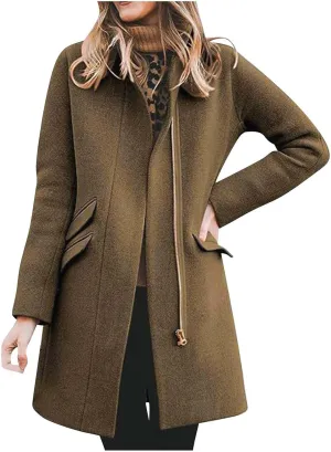 Womens Trench Coat Zip up Peacoat Wool Blend Long Coat Open Front Cardigan Casual Office Jacket Falll Winter Outfits