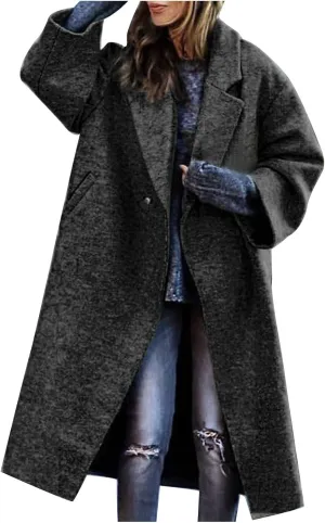 Women's Trench Coats Casual Button Down Stand Collar Pea Coat Wool Blend Warm Winter Jacket Outerwear with Pockets