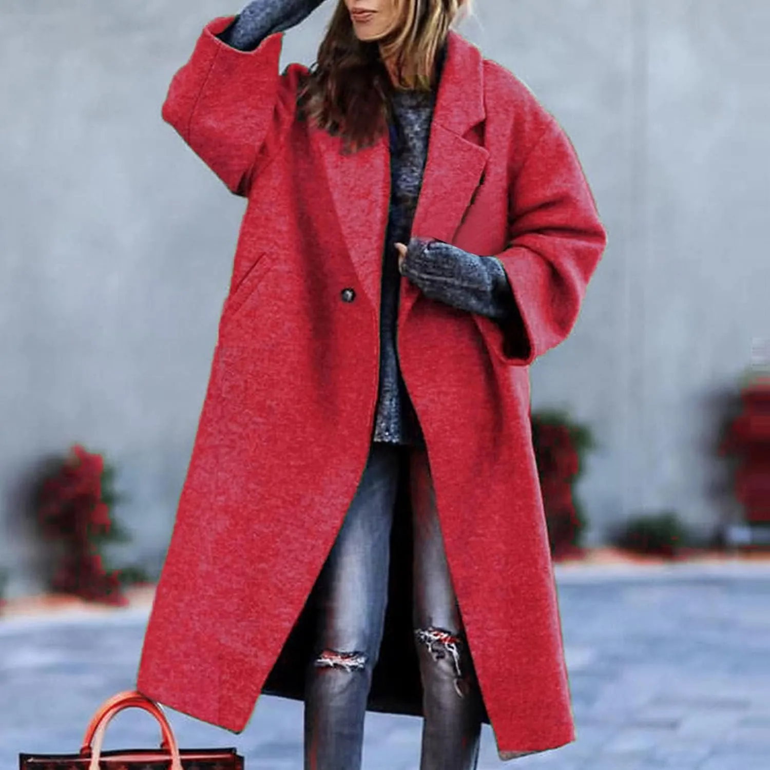 Women's Trench Coats Casual Button Down Stand Collar Pea Coat Wool Blend Warm Winter Jacket Outerwear with Pockets