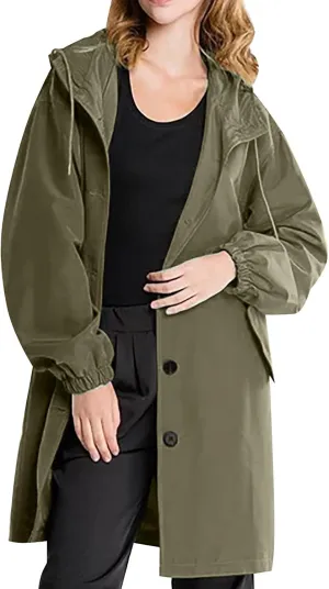 Womens Trench Coats with Hood Oversize Long Single-Breasted Windbreaker Plus Size Lightweight Elegant PeaCoat Overcoat