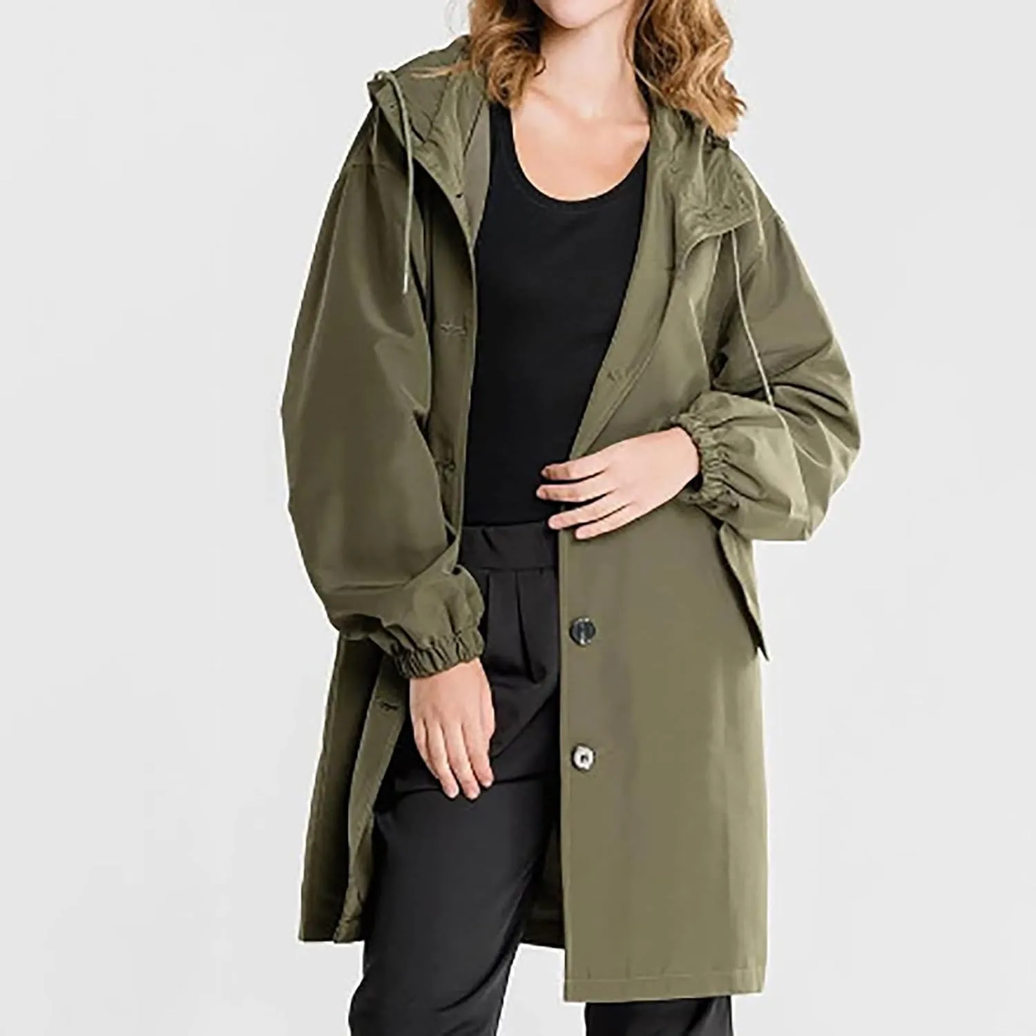 Womens Trench Coats with Hood Oversize Long Single-Breasted Windbreaker Plus Size Lightweight Elegant PeaCoat Overcoat