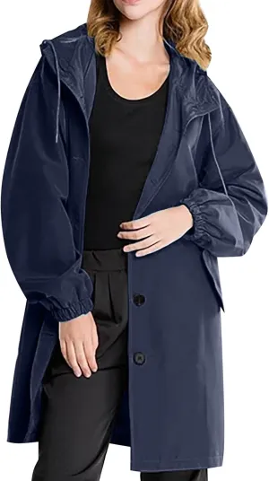 Womens Trench Coats with Hood Oversize Long Single-Breasted Windbreaker Plus Size Lightweight Elegant PeaCoat Overcoat