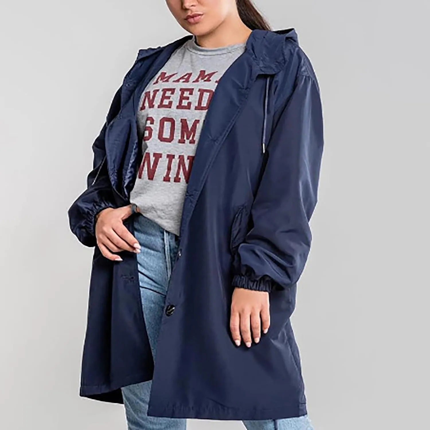 Womens Trench Coats with Hood Oversize Long Single-Breasted Windbreaker Plus Size Lightweight Elegant PeaCoat Overcoat