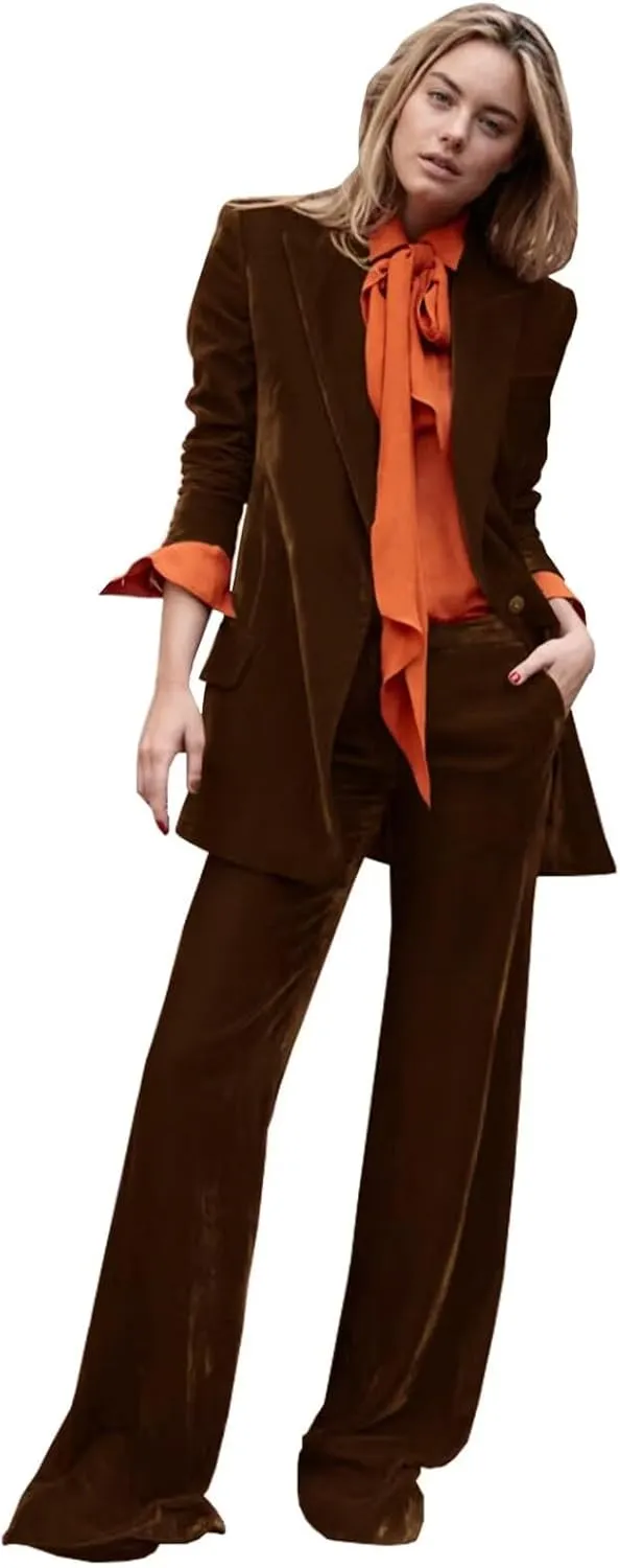 Women's Velvet 2 Piece Outfits Solid Blazer Jacket Work Office Pants Suit Set