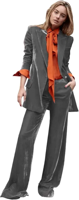 Women's Velvet 2 Piece Outfits Solid Blazer Jacket Work Office Pants Suit Set