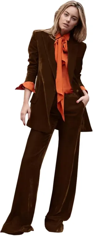 Women's Velvet 2 Piece Outfits Solid Blazer Jacket Work Office Pants Suit Set