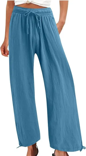 Womens Wide Leg Linen Pants Casual Summr Solid Palazzo Lounge Trousers Drawstring High Waisted Pocket Beach Pants