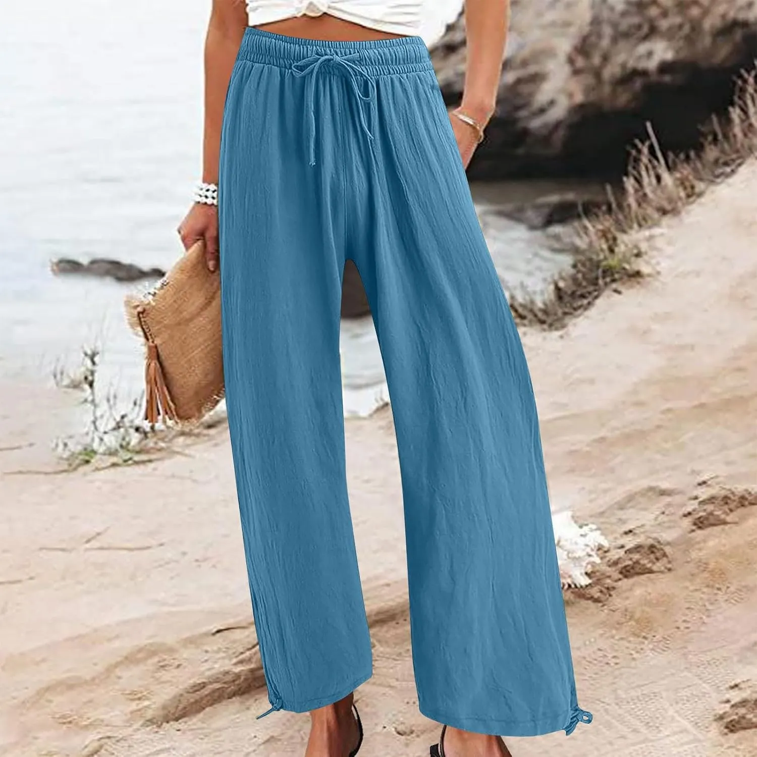 Womens Wide Leg Linen Pants Casual Summr Solid Palazzo Lounge Trousers Drawstring High Waisted Pocket Beach Pants