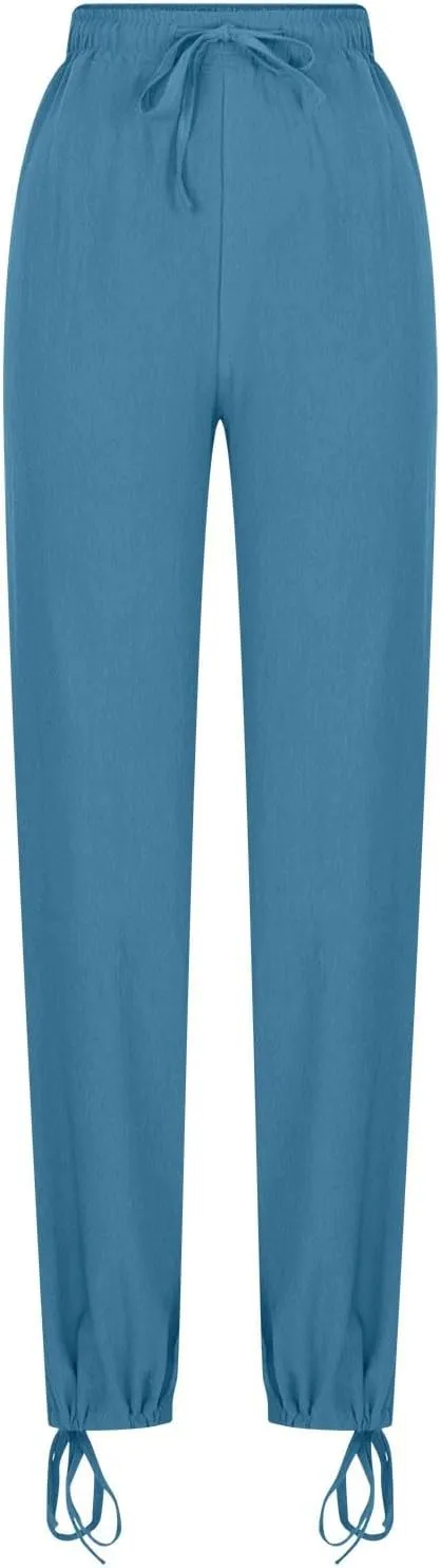 Womens Wide Leg Linen Pants Casual Summr Solid Palazzo Lounge Trousers Drawstring High Waisted Pocket Beach Pants