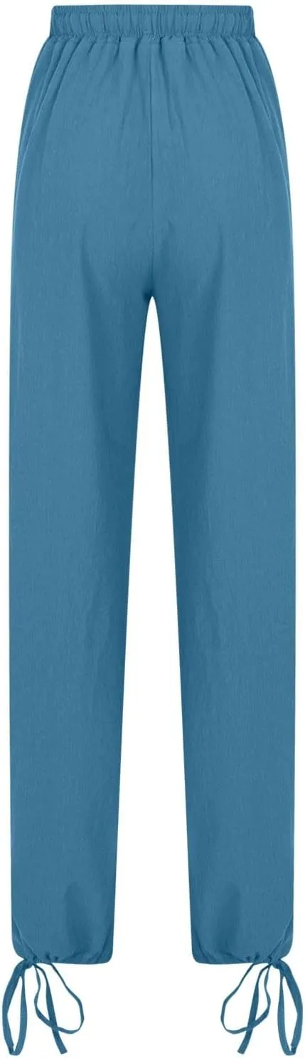 Womens Wide Leg Linen Pants Casual Summr Solid Palazzo Lounge Trousers Drawstring High Waisted Pocket Beach Pants