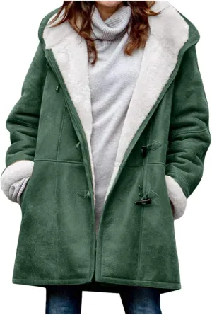 Women's Winter Down Jacket Warm Plush Hoodies Horn Button Coat Plus Size Wool Jacket Velvet Outerwear