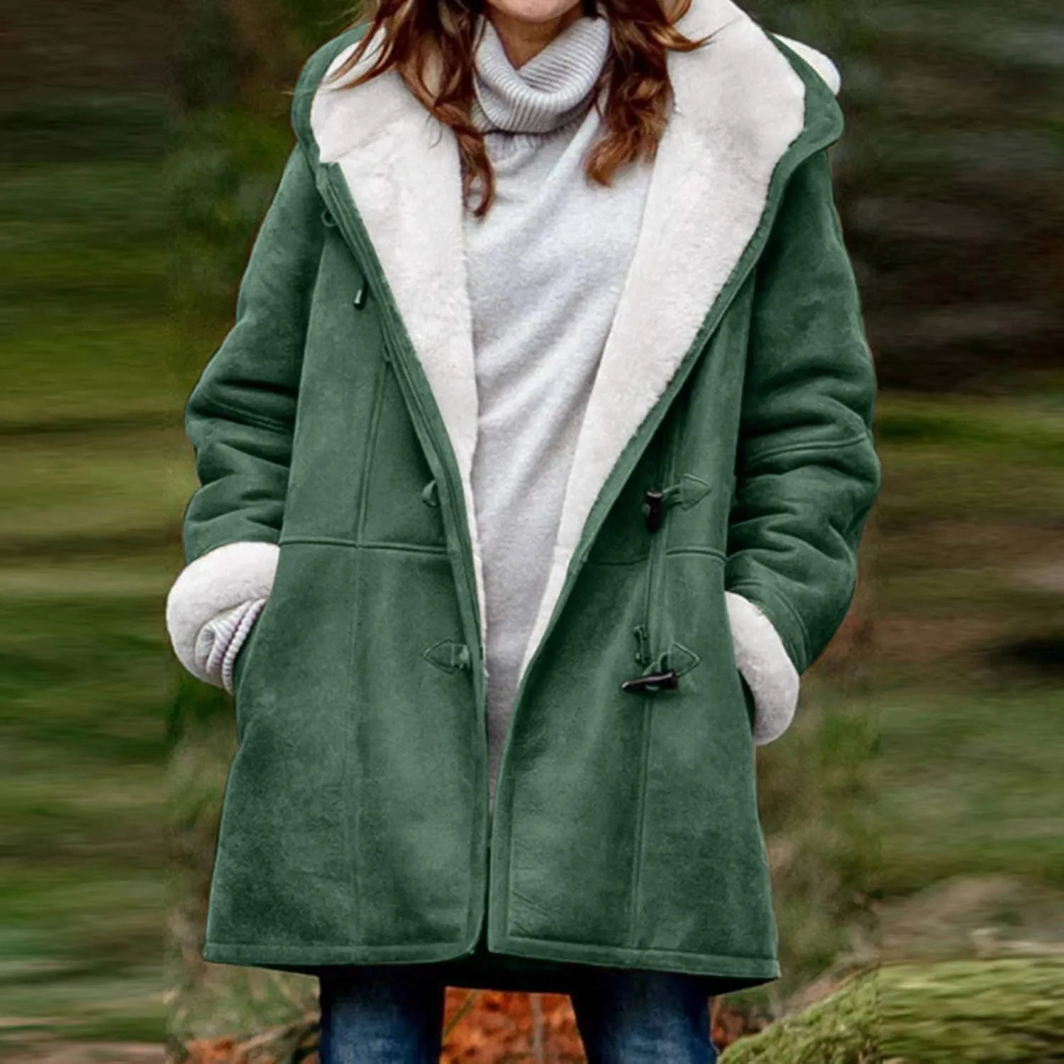 Women's Winter Down Jacket Warm Plush Hoodies Horn Button Coat Plus Size Wool Jacket Velvet Outerwear
