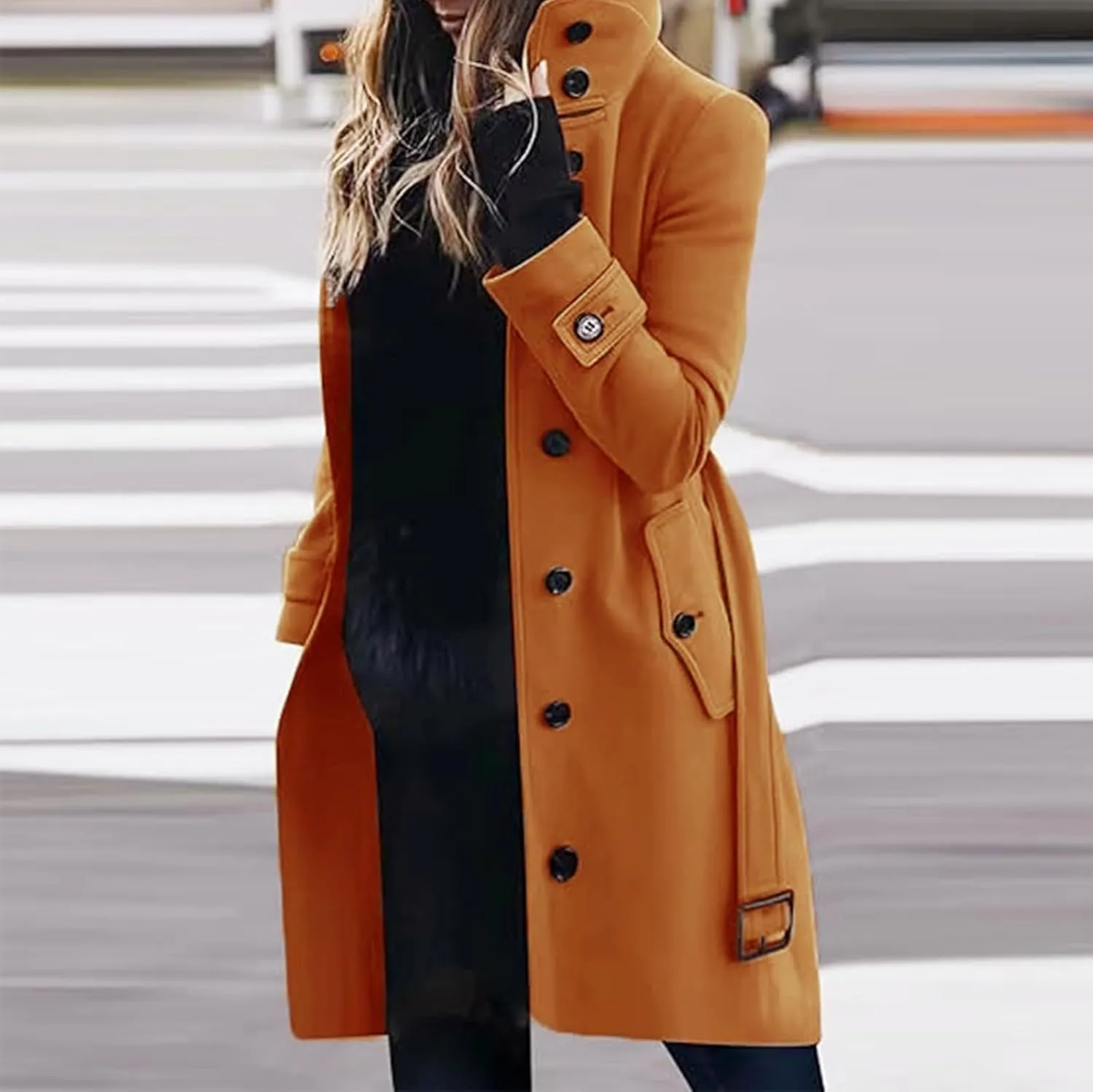 Women's Winter Warm Outerwear Overcoat Collar Mid-thigh A-line Single Breasted Overcoat Work Office Pea Coats