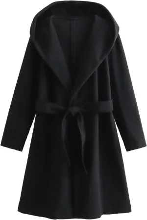 Womens Winter Wool Blend Pea Coat Casual Notched Lapel Collar Trench Coat Belted Elegant Long Overcoat Jacket