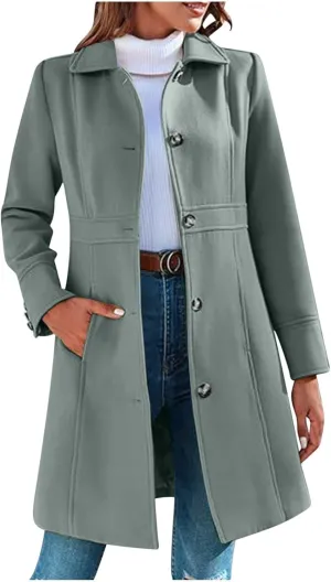 Womens Winter Wool Coats Elegant Single Breasted Long Trench Coat Midi Length Peacoat Bussiness Jacket With Pockets