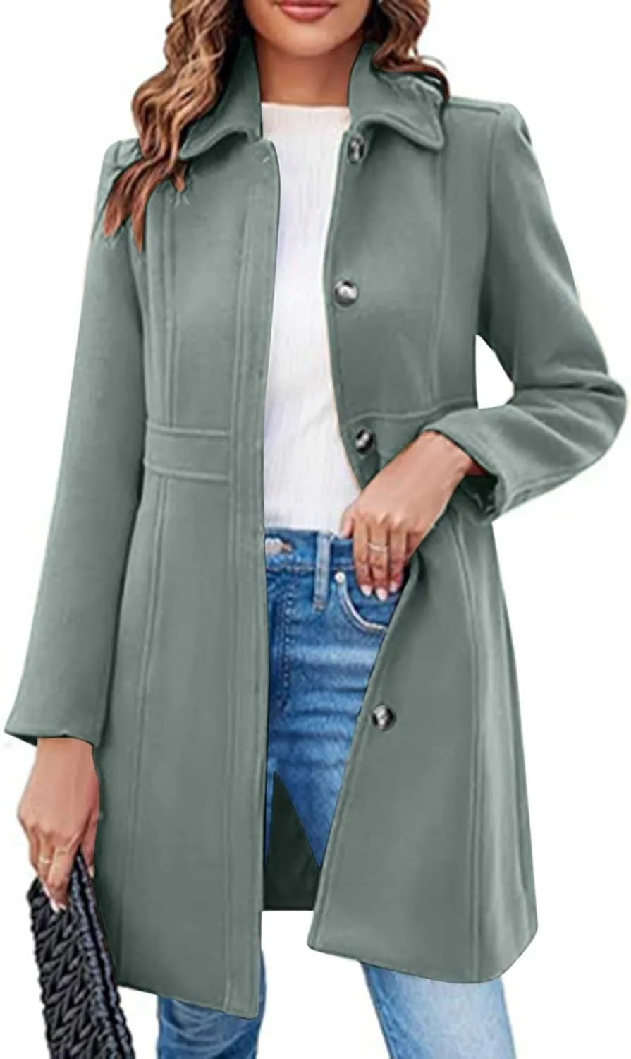 Womens Winter Wool Coats Elegant Single Breasted Long Trench Coat Midi Length Peacoat Bussiness Jacket With Pockets