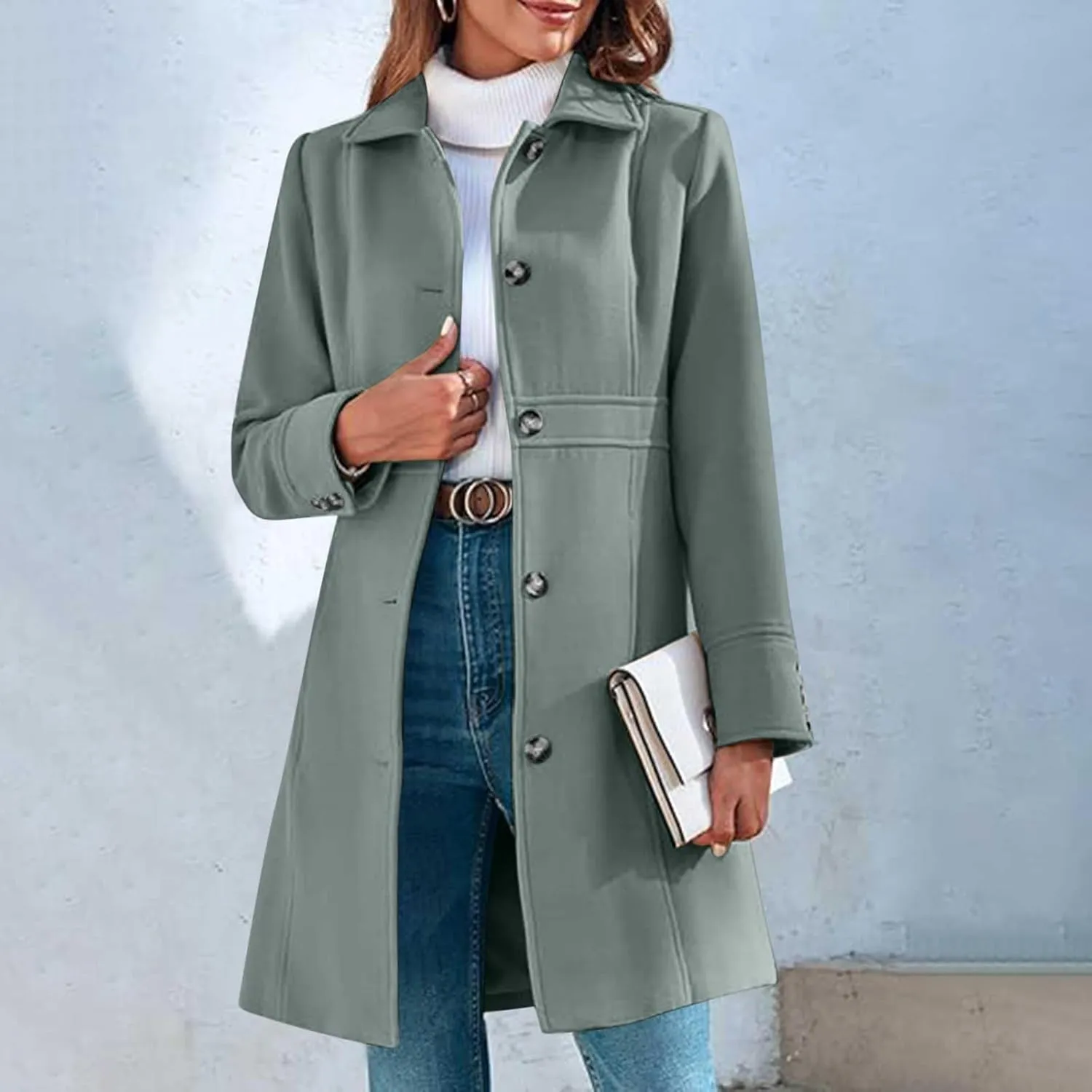 Womens Winter Wool Coats Elegant Single Breasted Long Trench Coat Midi Length Peacoat Bussiness Jacket With Pockets