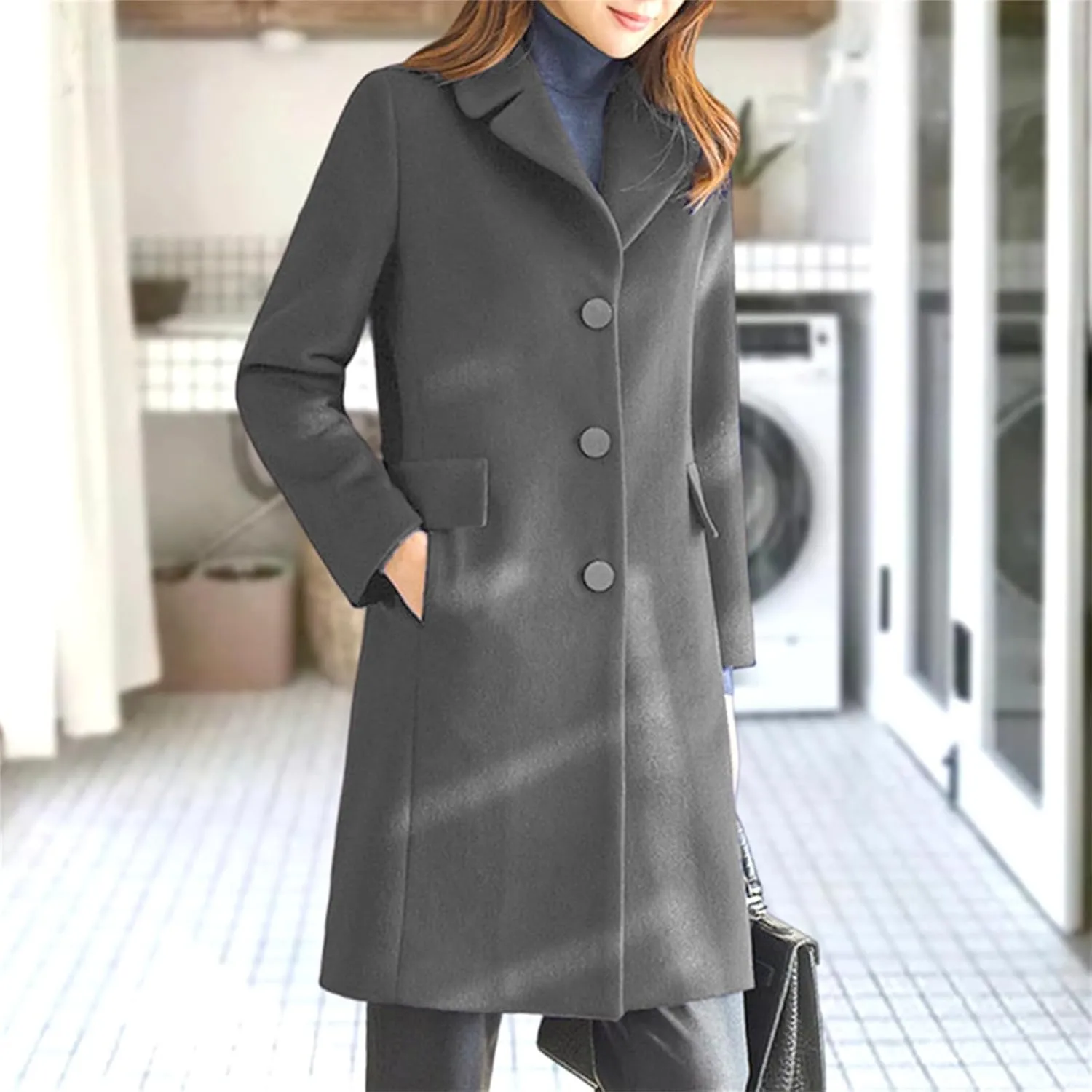 Womens Winter Wool Coats Mid Long Oversized Over Coats Notched Lapel Collar Singe Breasted Trench Coat Jackets