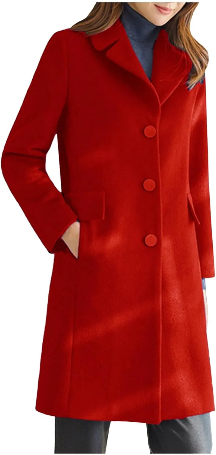 Womens Winter Wool Coats Mid Long Oversized Over Coats Notched Lapel Collar Singe Breasted Trench Coat Jackets
