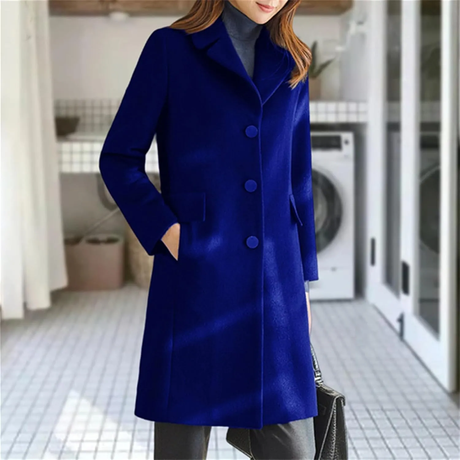 Womens Winter Wool Coats Mid Long Oversized Over Coats Notched Lapel Collar Singe Breasted Trench Coat Jackets