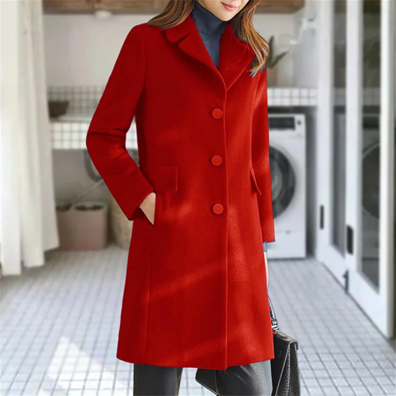 Womens Winter Wool Coats Mid Long Oversized Over Coats Notched Lapel Collar Singe Breasted Trench Coat Jackets