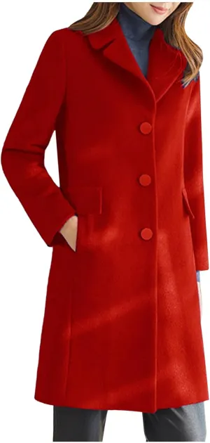 Womens Winter Wool Coats Mid Long Oversized Over Coats Notched Lapel Collar Singe Breasted Trench Coat Jackets