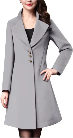 Womens Winter Wool Coats Single Breasted Mid-Long Pea Coats Elegant Notch Lapel Windproof Trench Coat Outwear