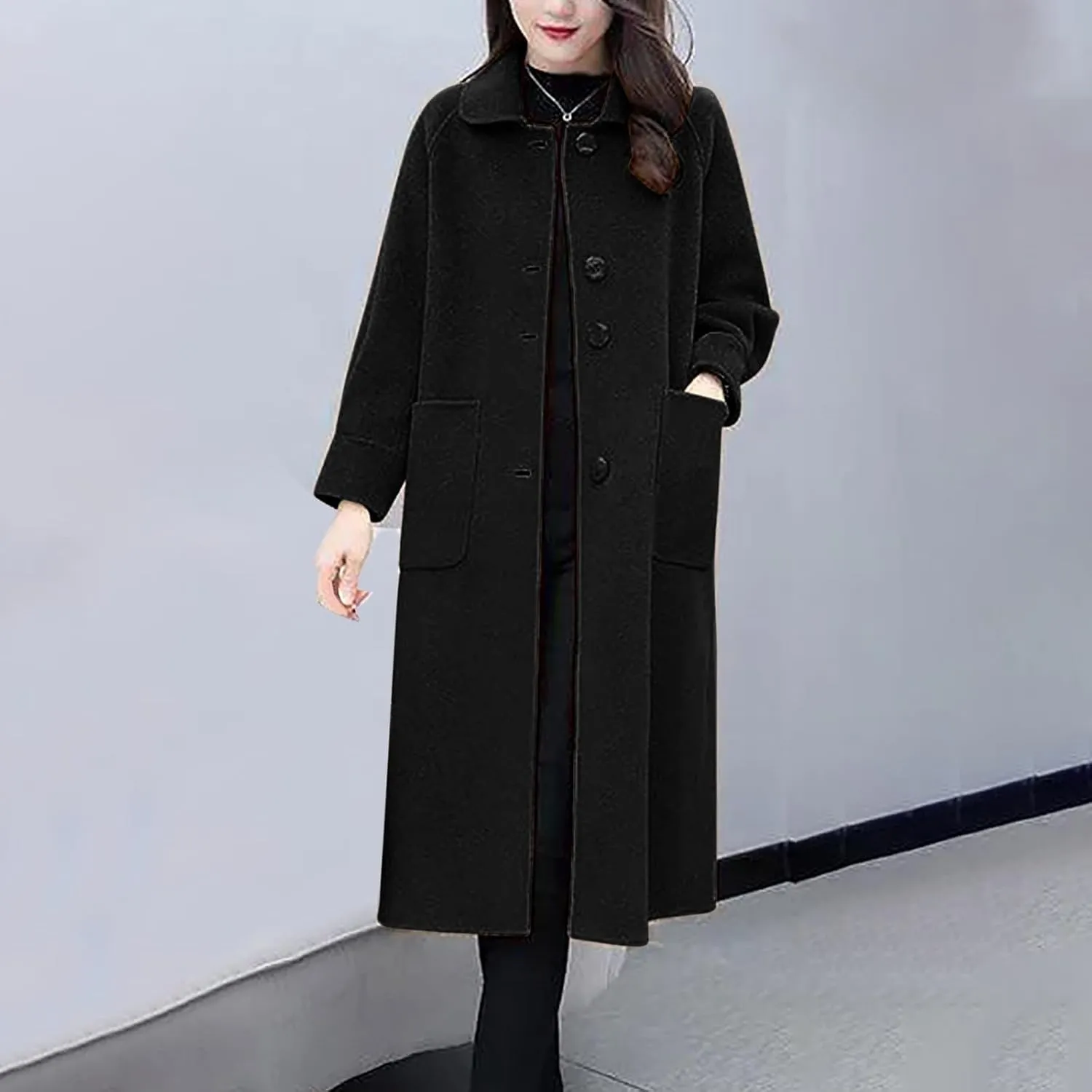 Womens Wool Blend Trench Coat 2024 Winter Elegant Single Breasted Peacoats Maxi Length Elegant Overcoat With Pockets