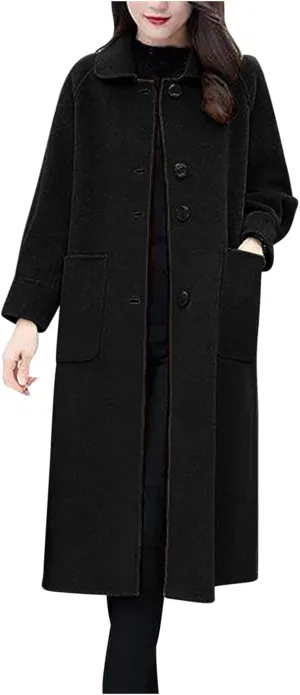 Womens Wool Blend Trench Coat 2024 Winter Elegant Single Breasted Peacoats Maxi Length Elegant Overcoat With Pockets