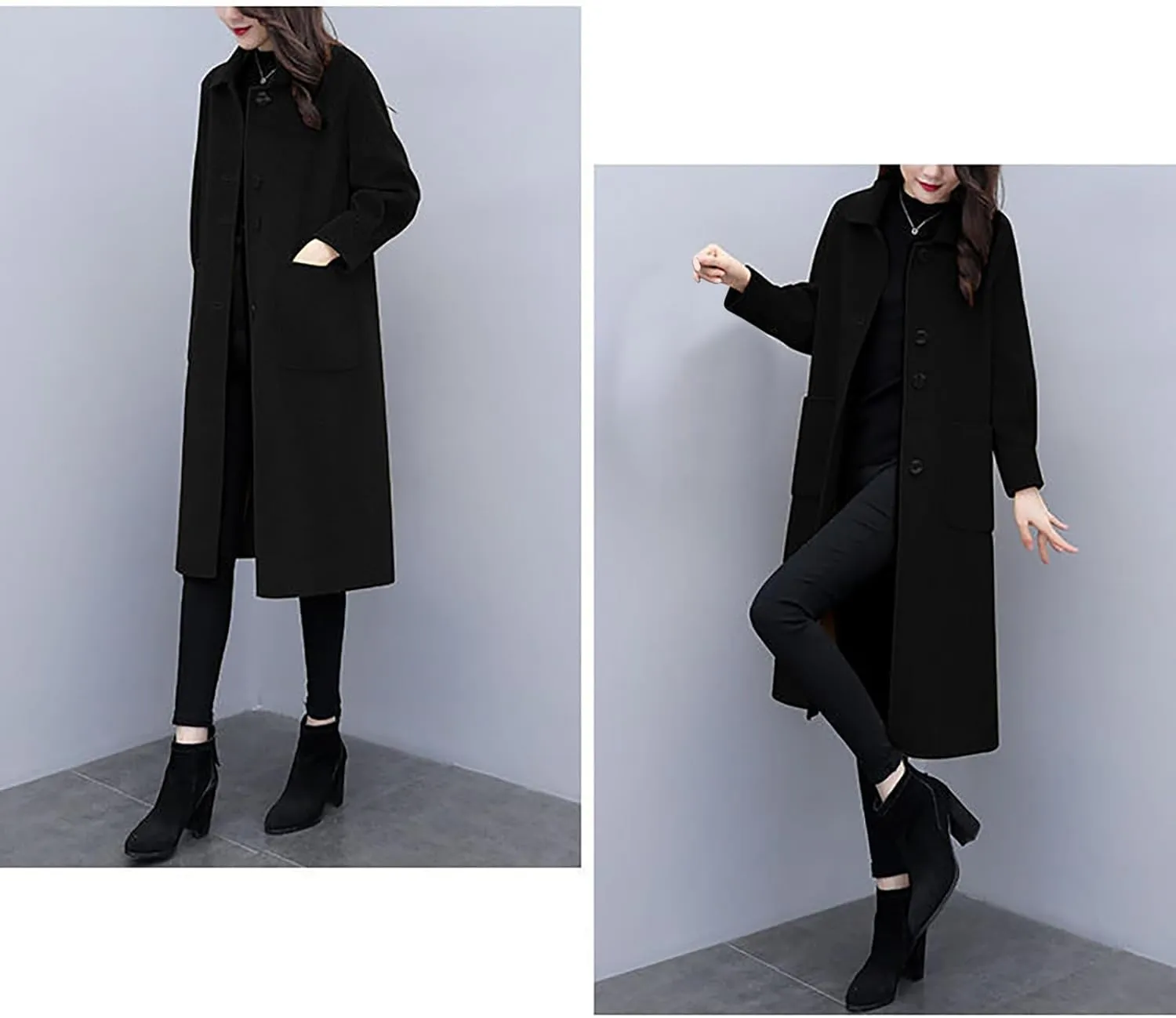Womens Wool Blend Trench Coat 2024 Winter Elegant Single Breasted Peacoats Maxi Length Elegant Overcoat With Pockets