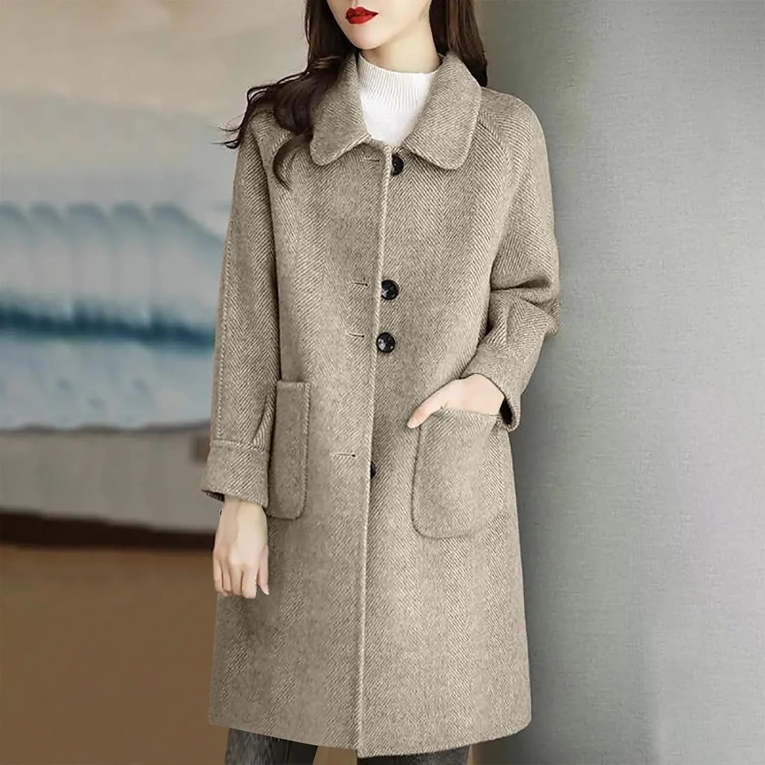 Women's Wool Coat Mid Length Dressy Single Breasted Pocket Trench Coat Fall Winter Solid Color Pea Coat Overcoat