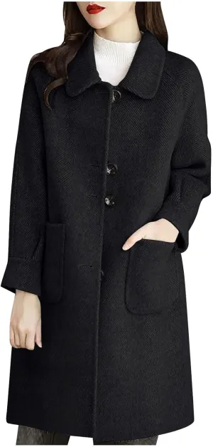 Women's Wool Coat Mid Length Dressy Single Breasted Pocket Trench Coat Fall Winter Solid Color Pea Coat Overcoat