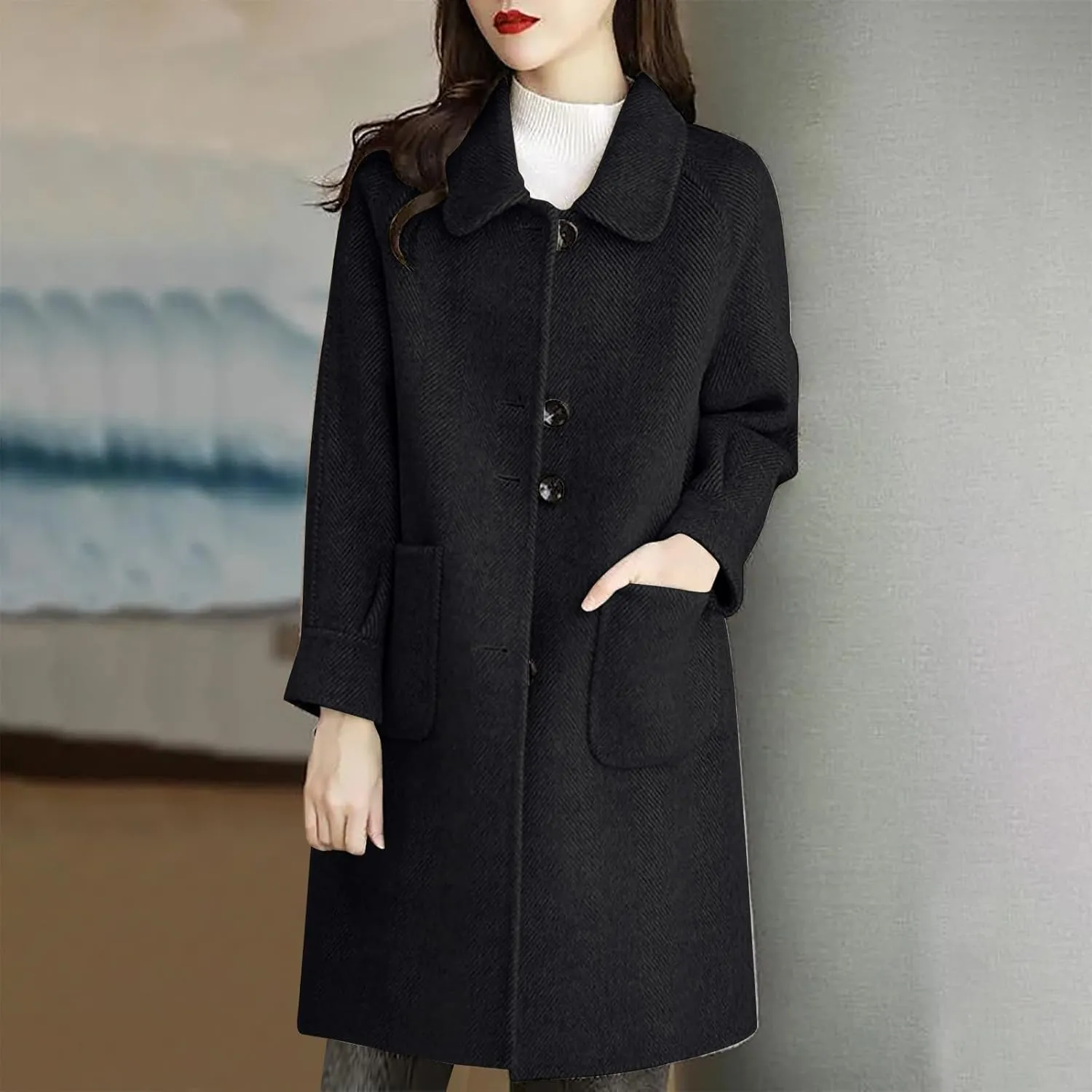 Women's Wool Coat Mid Length Dressy Single Breasted Pocket Trench Coat Fall Winter Solid Color Pea Coat Overcoat