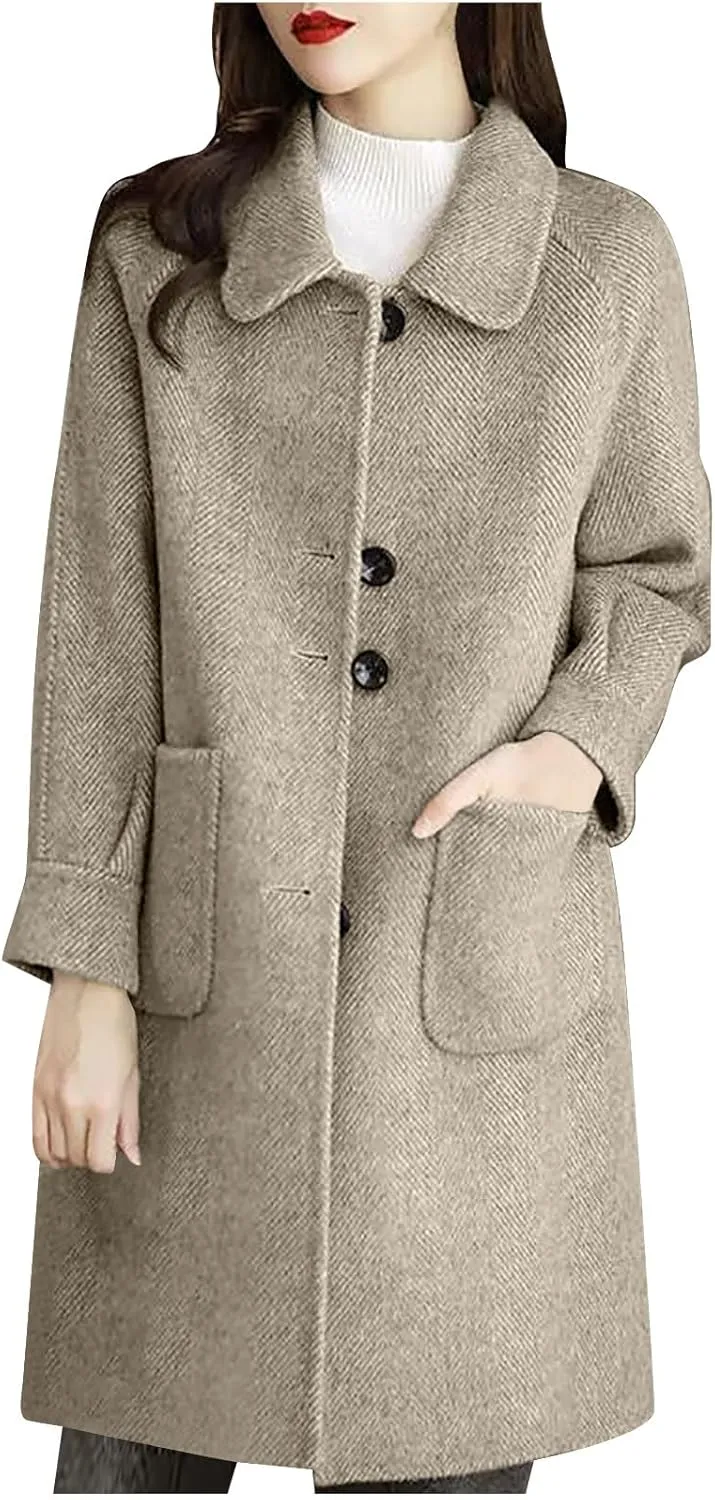Women's Wool Coat Mid Length Dressy Single Breasted Pocket Trench Coat Fall Winter Solid Color Pea Coat Overcoat