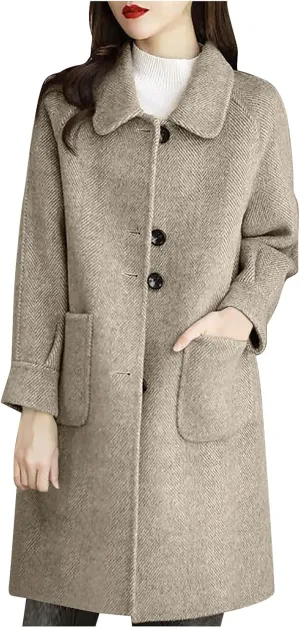 Women's Wool Coat Mid Length Dressy Single Breasted Pocket Trench Coat Fall Winter Solid Color Pea Coat Overcoat