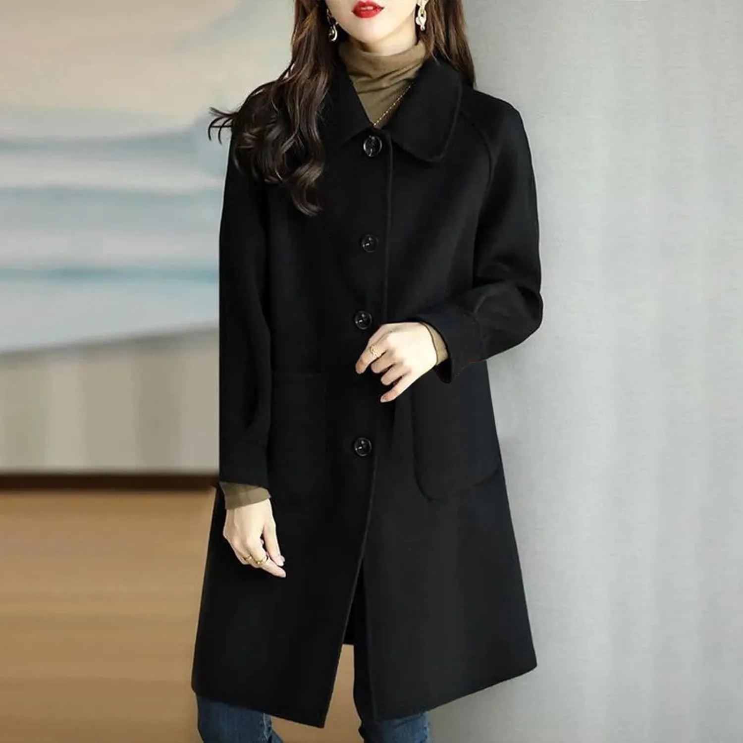 Women's Wool Coat Mid Length Dressy Single Breasted Pocket Trench Coat Fall Winter Solid Color Pea Coat Overcoat