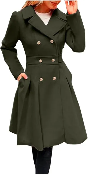 Women's Wool Coats Double Breasted Casual Notched Lapel Pea Coats Oversized Soft Warm Winter Trench Coat Outwear