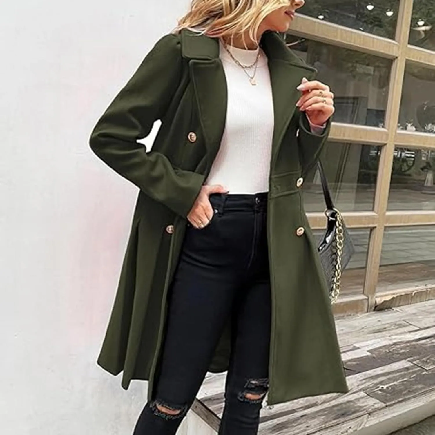 Women's Wool Coats Double Breasted Casual Notched Lapel Pea Coats Oversized Soft Warm Winter Trench Coat Outwear