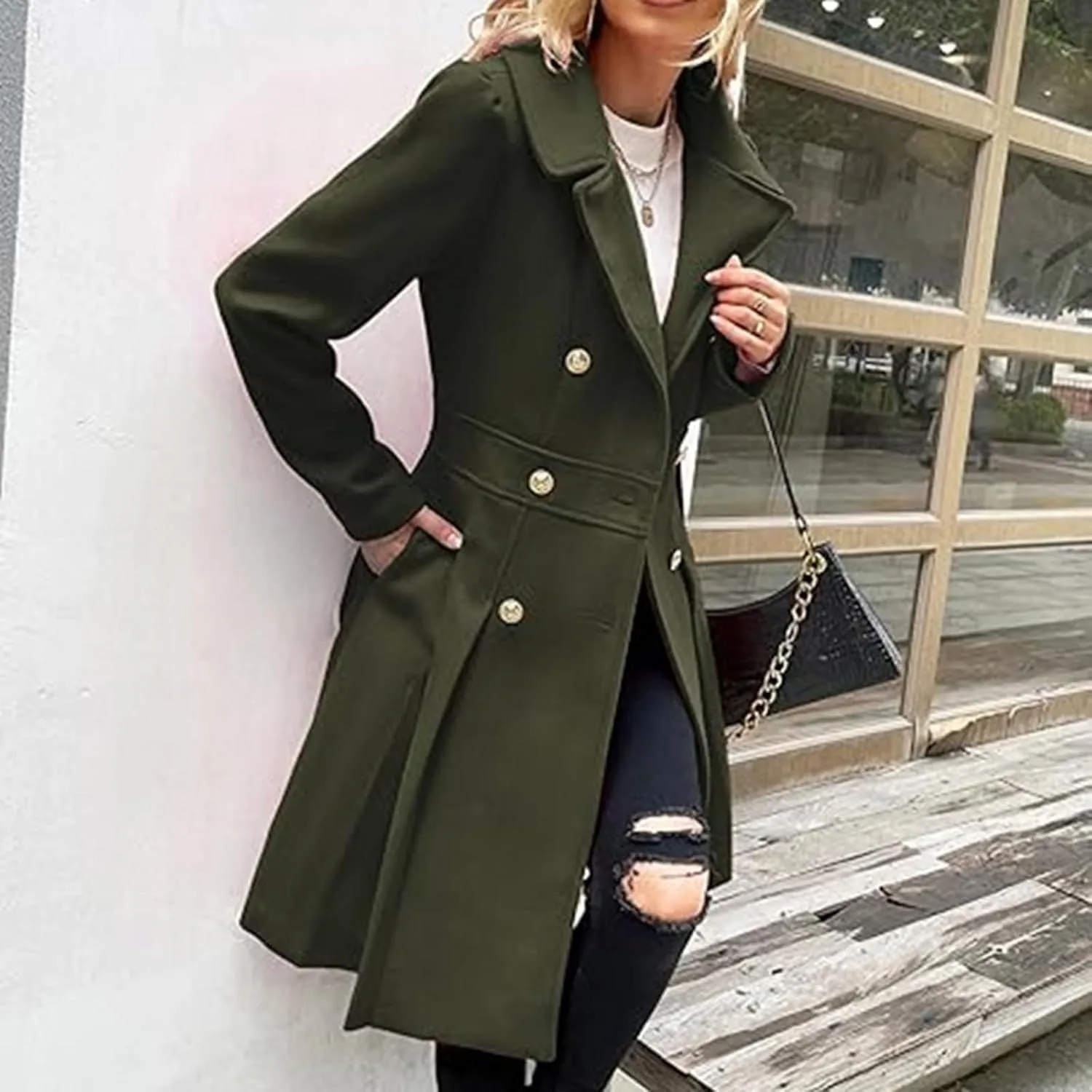 Women's Wool Coats Double Breasted Casual Notched Lapel Pea Coats Oversized Soft Warm Winter Trench Coat Outwear