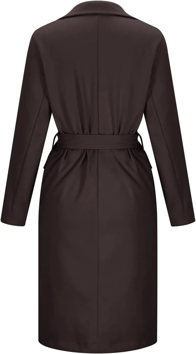 Womens Wool Coats Winter Casual Notched Lapel Collar Trench Coat Mid-Long Length Elegant Pea Coat Overcoat Jacket