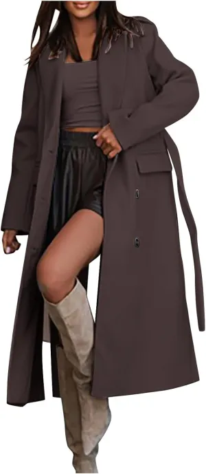 Womens Wool Coats Winter Casual Notched Lapel Collar Trench Coat Mid-Long Length Elegant Pea Coat Overcoat Jacket