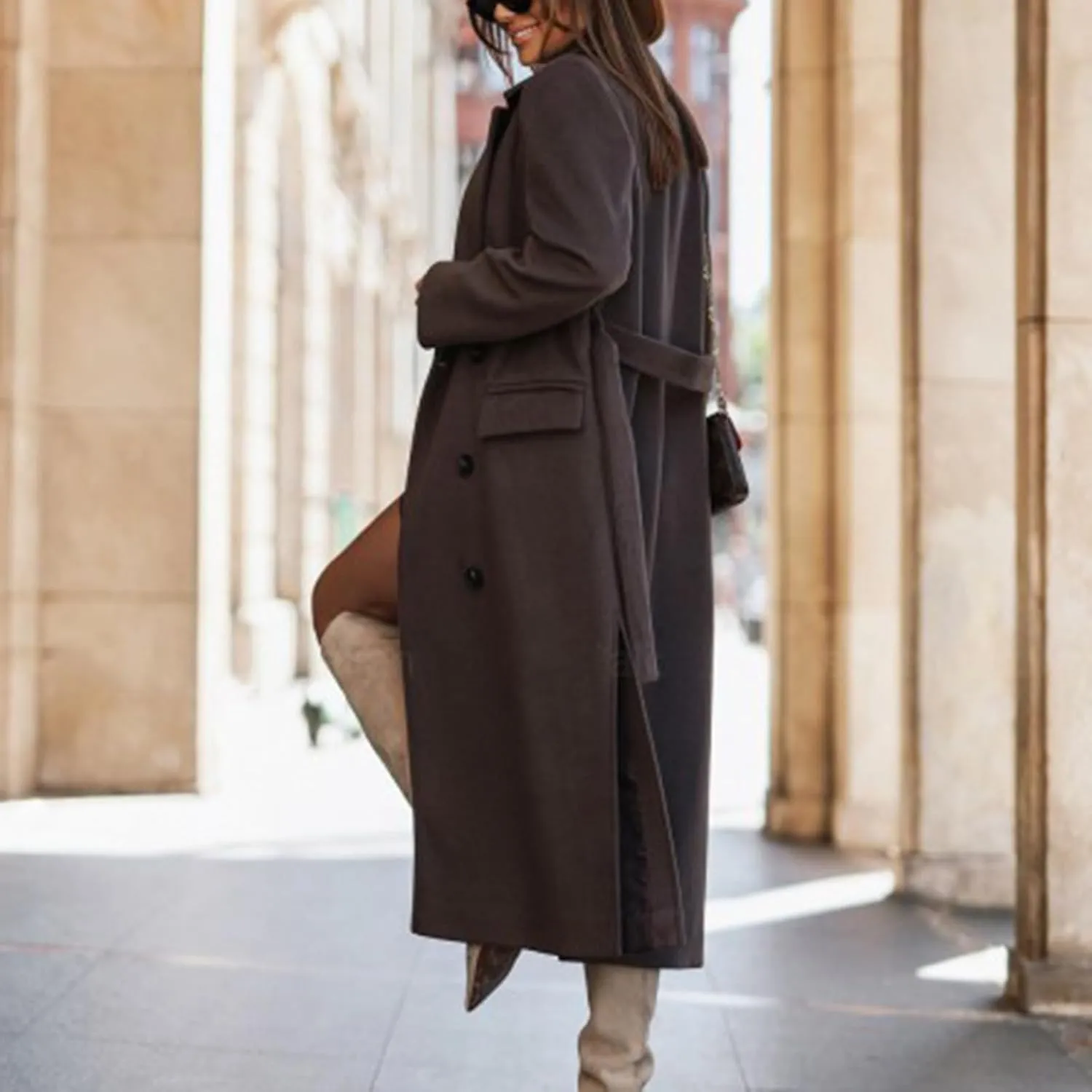 Womens Wool Coats Winter Casual Notched Lapel Collar Trench Coat Mid-Long Length Elegant Pea Coat Overcoat Jacket