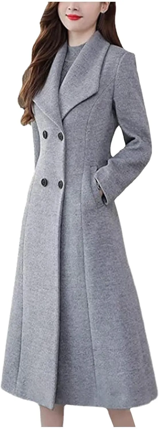 Womens Wool Trench Coat Casual Fall Winter Warm Jacket Notch Lapel Single-Breasted Long Peacoat Overcoats